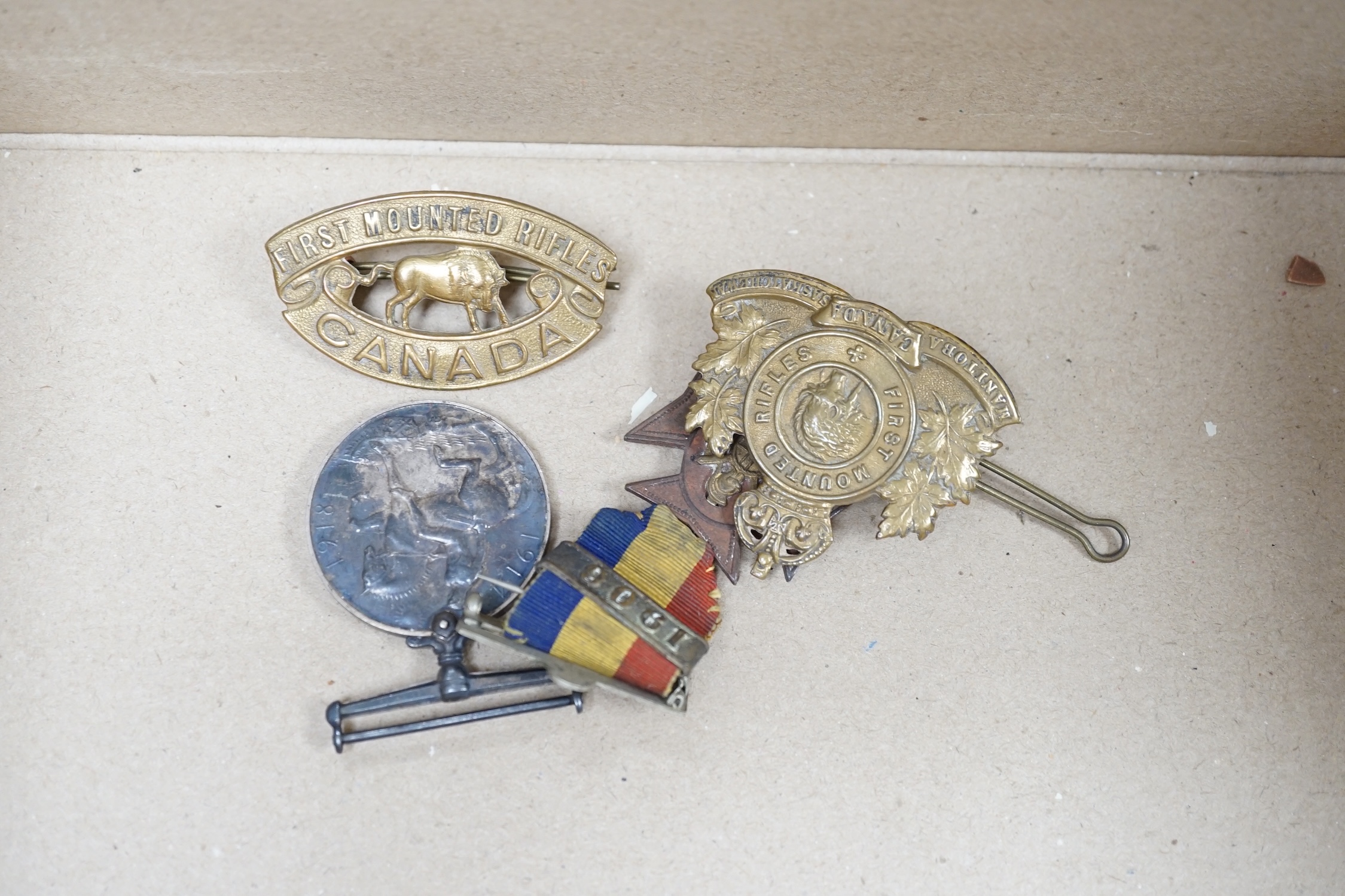 Three First World War medal trios awarded to; Pte. W.C. Belfrage 3rd Canadian MTD Rifles, Cpl. R.W. Wells R.F.A. and Pte. F.G. Walker R.A.M.C. together with two additional British war medals, two miniature metal groups,